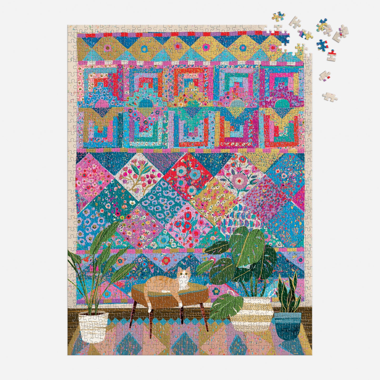quilt puzzle with cat and plants