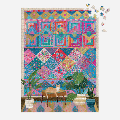 quilt puzzle with cat and plants